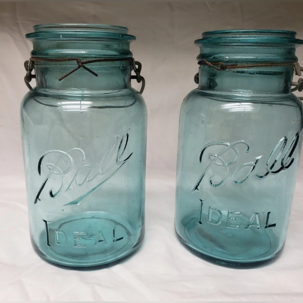 Vintage Ball Blue Glass Ideal Mason Jar Set Of 2 Jars